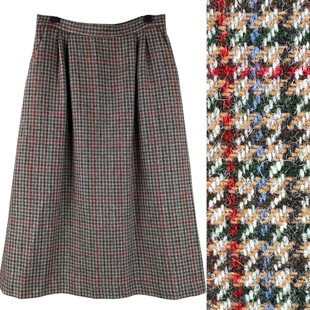 Vintage Harrington Square Wool Midi Herringbone Tweed Size 8 Pockets Straight